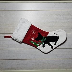 Christmas Stocking Black Puppy w Bow, tree and scarf.  18.5" x 11" approx